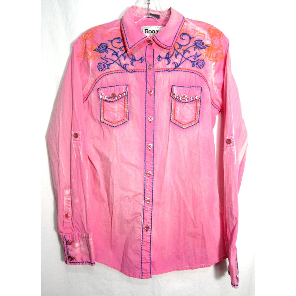 Roar Pink Embroidered Rhinestone Roll Tab Sleeve Button Down Shirt Size M EUC